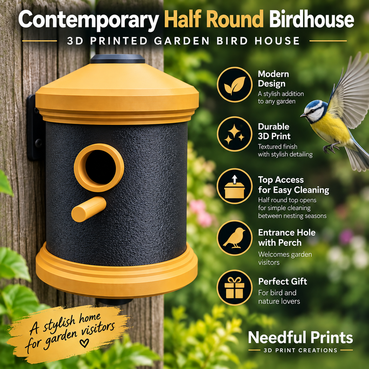 Contemporary Half Round Birdhouse – 3D Printed Garden Bird House