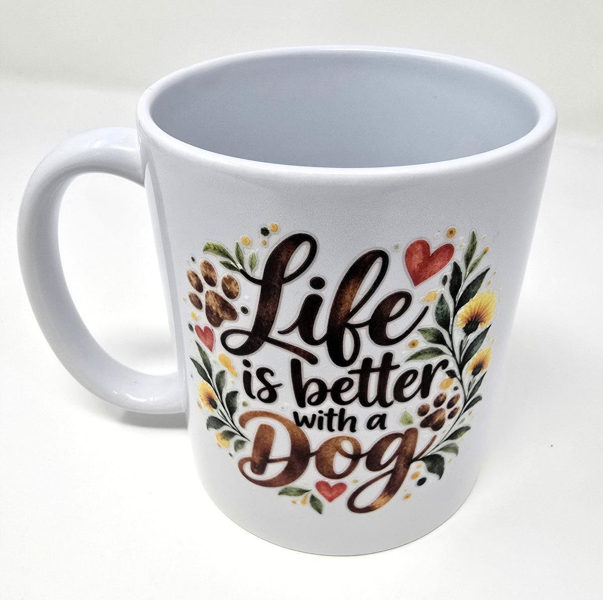 White pet lover mug with Life is Better with a Dog floral lettering
