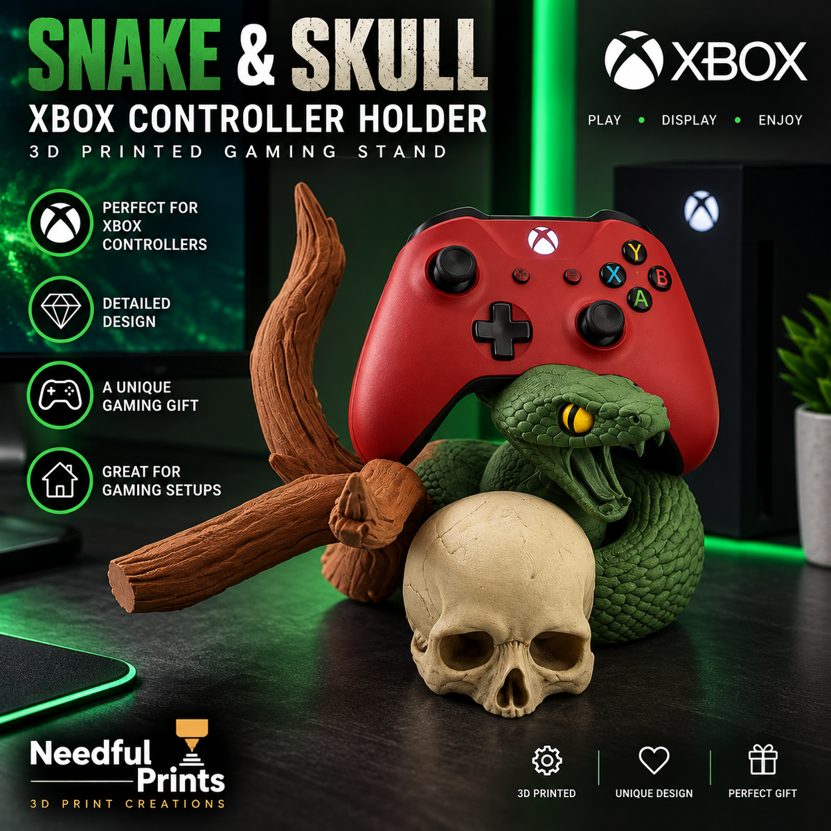 Snake & Skull Xbox Controller Holder – 3D Printed Gaming Stand