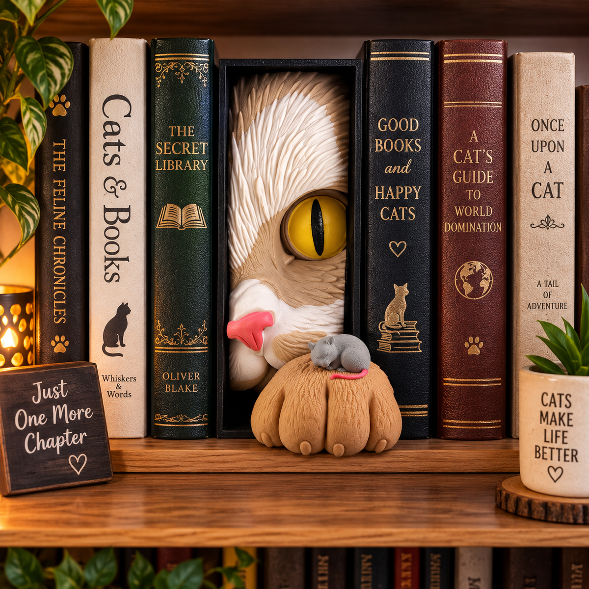 Curious Cat Book Nook – 3D Printed Bookshelf Decoration