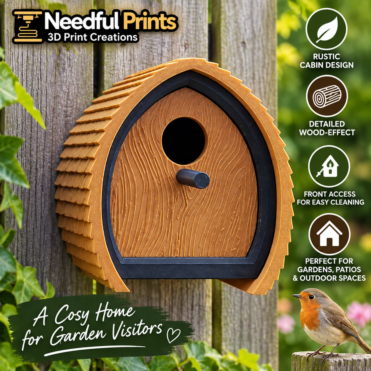 Rustic Cabin Birdhouse – 3D Printed Garden Bird House