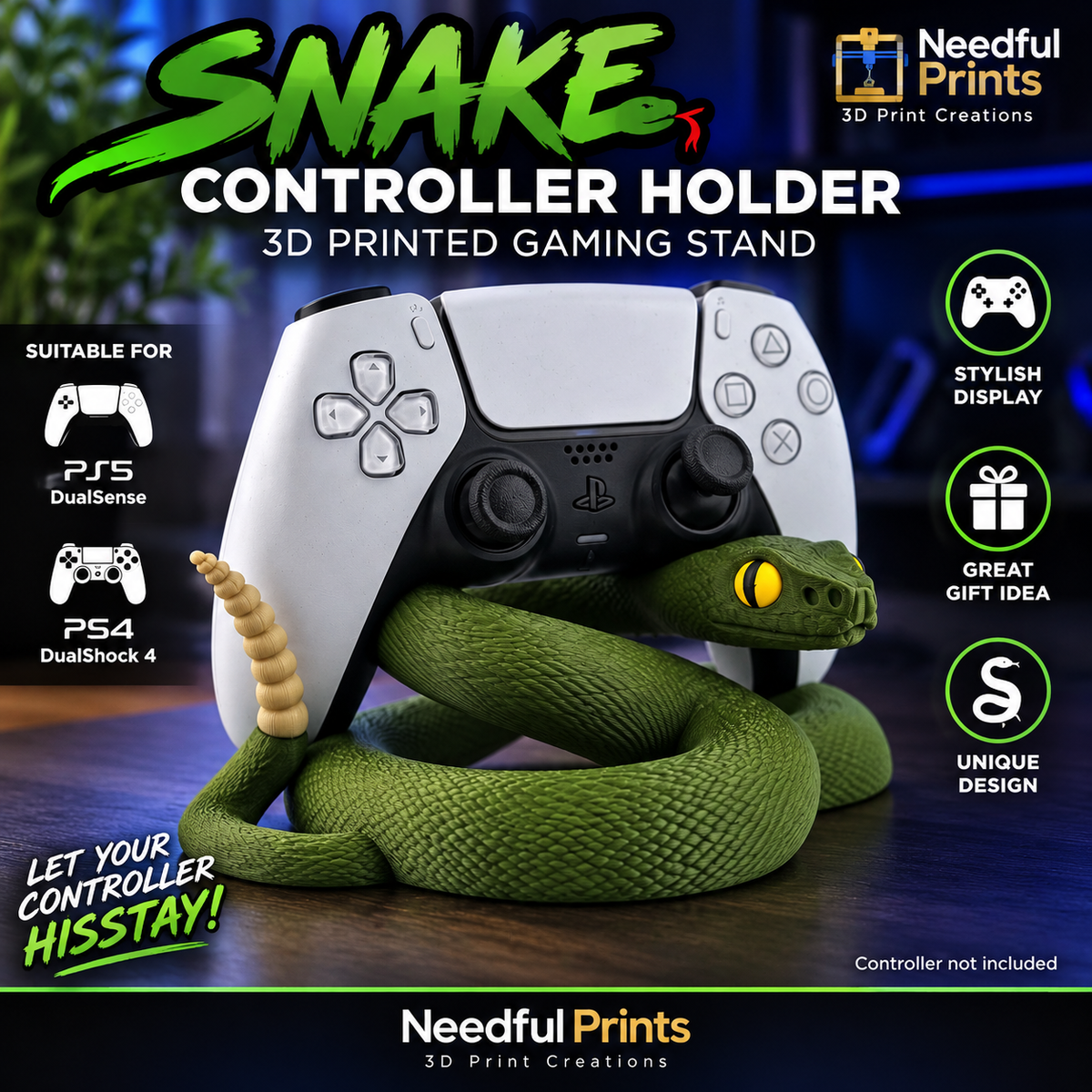 Snake PS4 & PS5 Controller Holder – 3D Printed Gaming Stand
