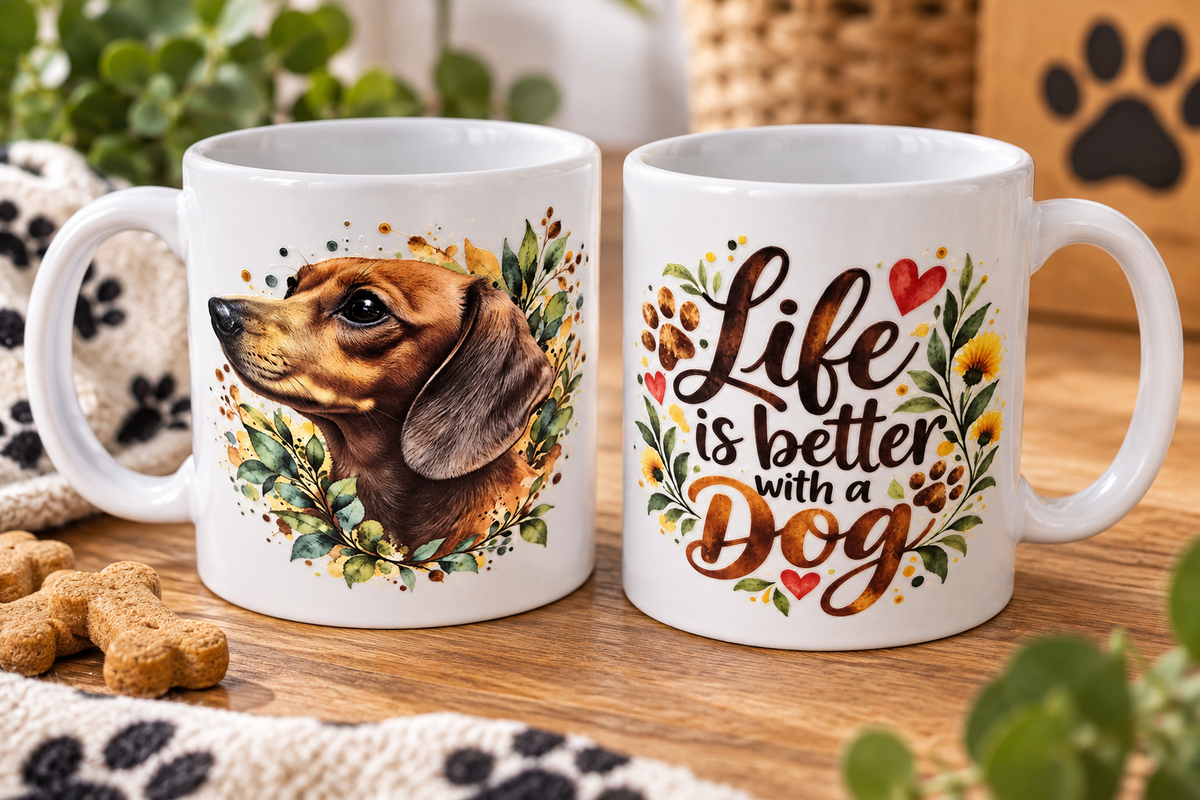 Personalised watercolour dachshund mug showing both sides in a cosy setting