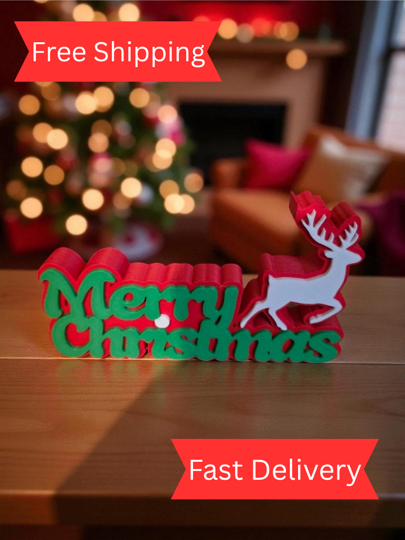 3D Printed Merry Christmas Reindeer Sign, Festive Holiday Decoration