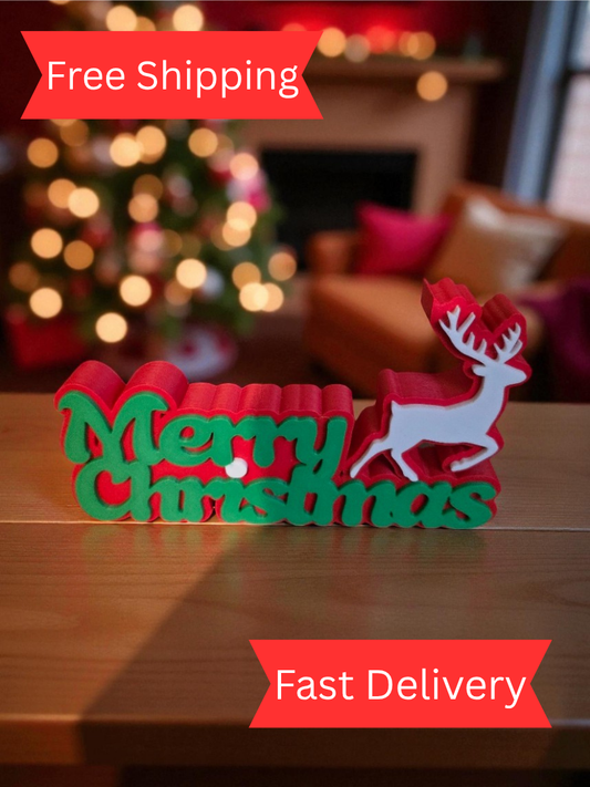 3D Printed Merry Christmas Reindeer Sign, Festive Holiday Decoration