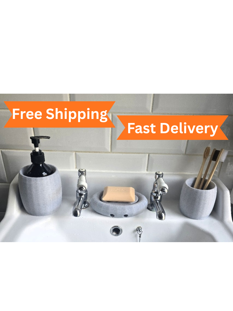 3D Printed Bathroom Set Soap Dish, Toothbrush Holder, Liquid Soap Dispenser Modern & Minimalist