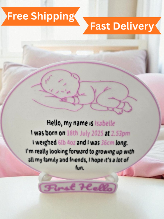 “First Hello” Personalised Baby Birth Plaque – Custom Sign with Name, Date, Weight & Quote – Newborn Keepsake Gift
