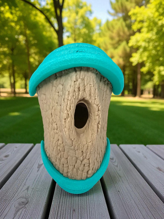 3D Printed Log-Style Birdhouse with Turquoise Roof | Modern Garden Bird House