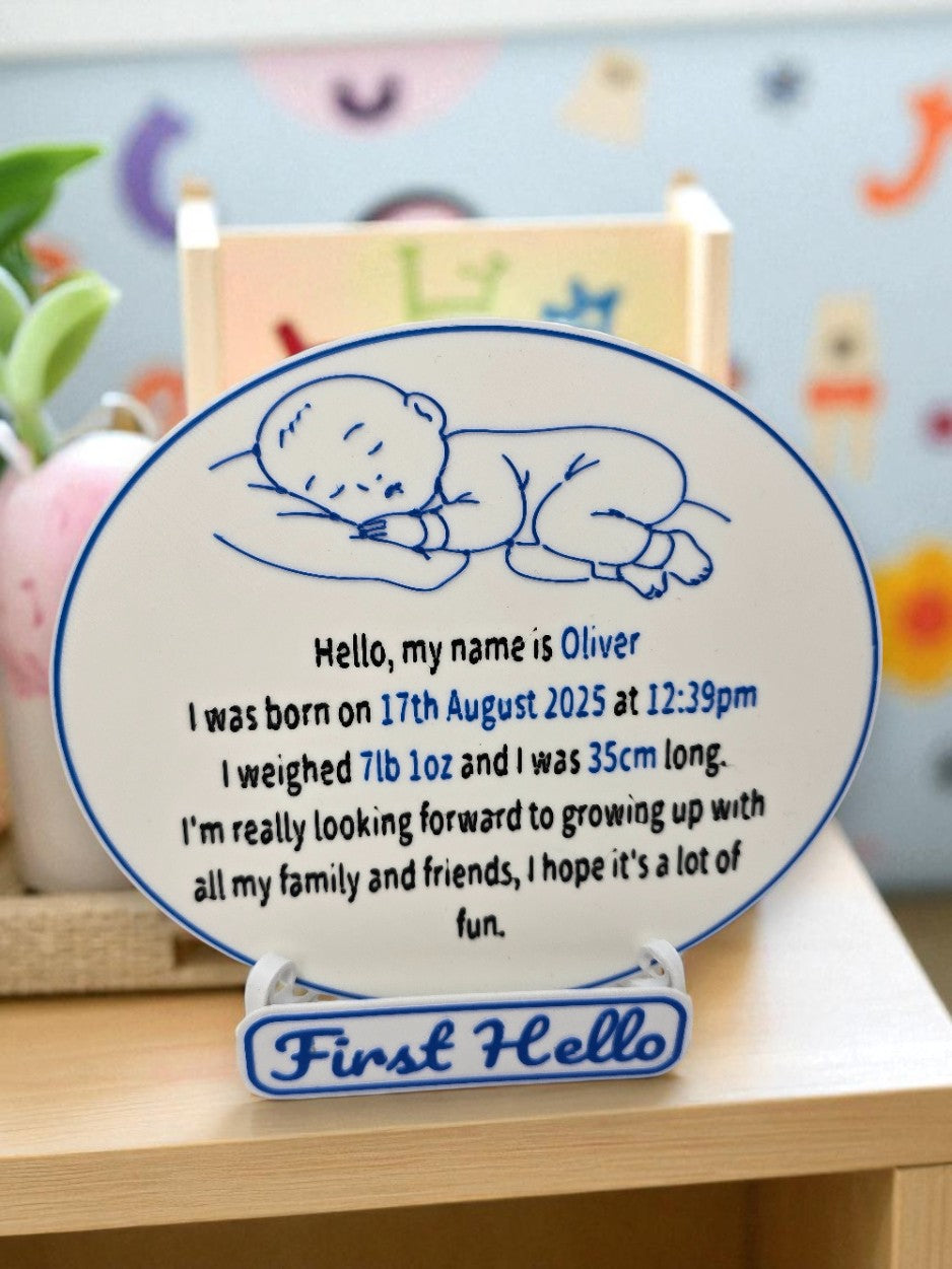 “First Hello” Personalised Baby Birth Plaque – Custom Sign with Name, Date, Weight & Quote – Newborn Keepsake Gift