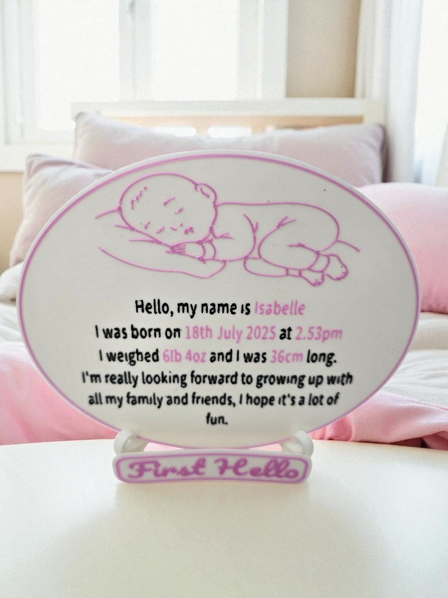 “First Hello” Personalised Baby Birth Plaque – Custom Sign with Name, Date, Weight & Quote – Newborn Keepsake Gift