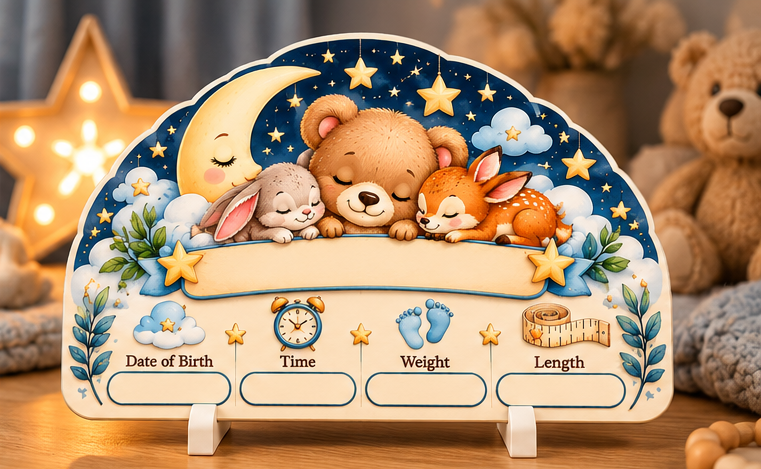 Personalised Baby Birth Plaque – 3D Printed Keepsake with Raised UV Design